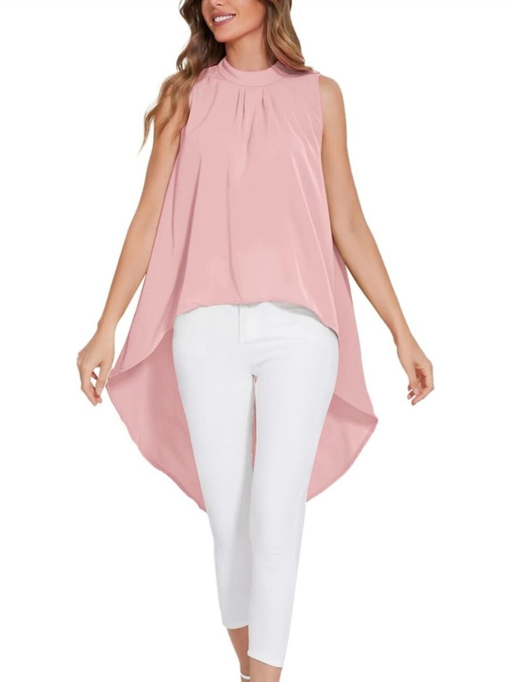 NWT Sleeveless High-Low Mock Neck Flowy Blouse in Blush Pink